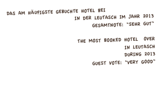 Das am häufigste gebuchte Hotel bei www.booking.com 
in der Leutasch im jahr 2013 gesamtnote: “SEHR GUT”

The most booked hotel  over
 www.booking.com in leutasch
during 2013
Guest vote: “Very good”