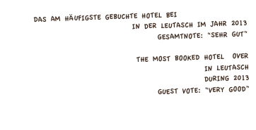 Das am häufigste gebuchte Hotel bei www.booking.com 
in der Leutasch im jahr 2013 gesamtnote: “SEHR GUT”

The most booked hotel  over
 www.booking.com in leutasch
during 2013
Guest vote: “Very good”